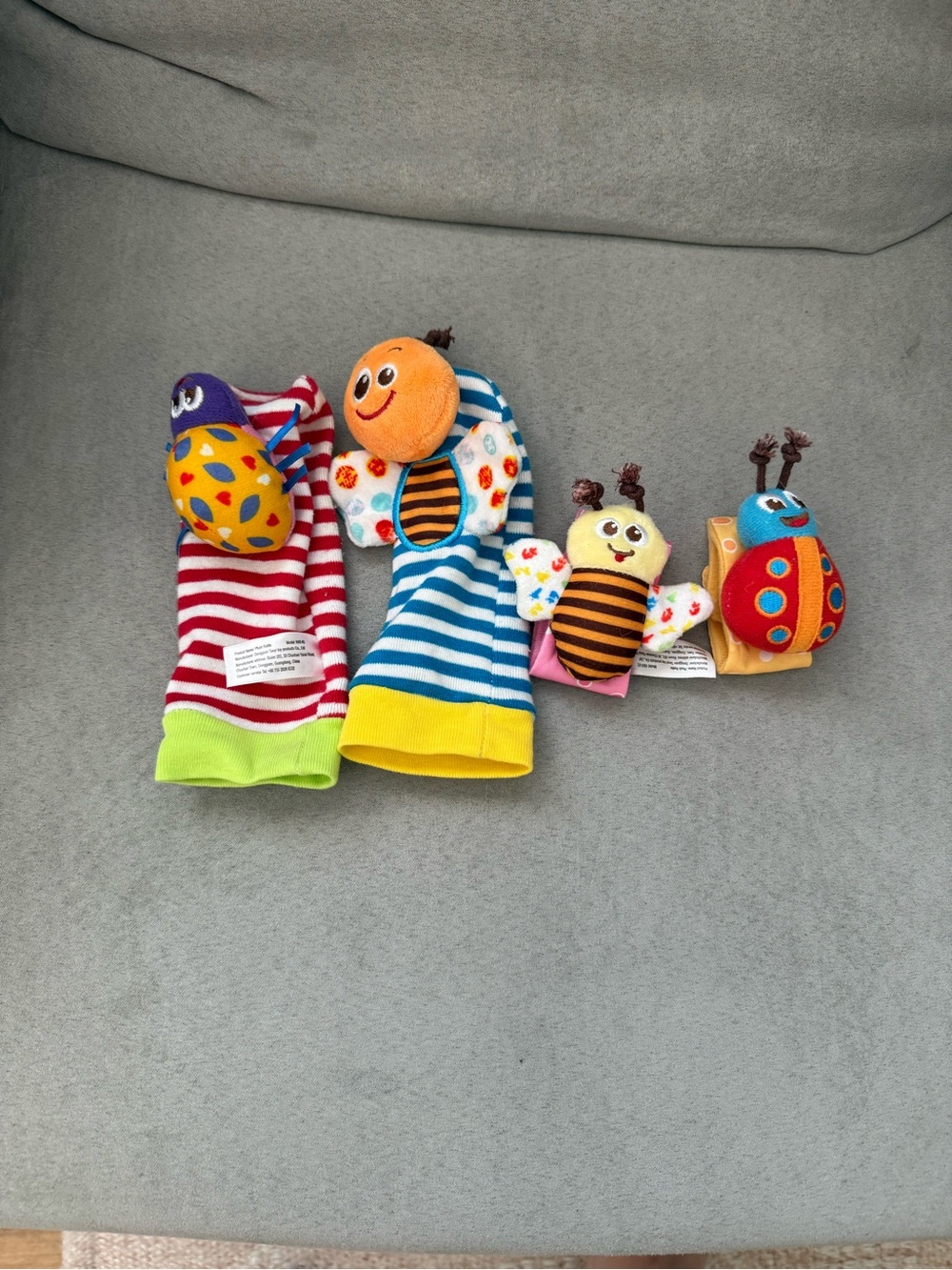 Colorful Striped Hand Puppet Rattle Set - Blue, Red, Yellow, Orange